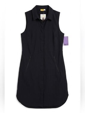 Lole Black Sleeveless Button Down Mini Dress with Collar, Pockets, NWT, XS
